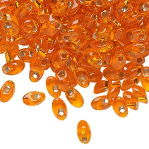 Seed bead, Miyuki, glass, pkg/10g, 7x4mm long magatama, transparent silver-lined orange (LMA-8).