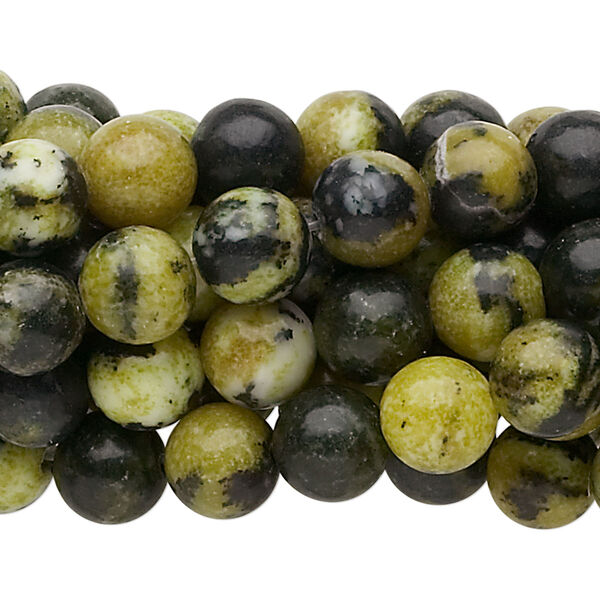 Bead, yellow "turquoise" (serpentine and quartz) (natural), 8mm round, C grade, Mohs hardness 2-1/2 to 6. Sold per pkg of (10) 15-1/2" to 16" strands. image number 0