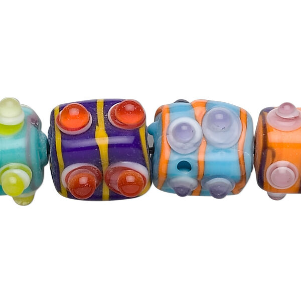 Bead, lampworked glass, multicolored, 14x11mm bumpy rectangle. Sold per 15-1/2" to 16" strand. image number 0