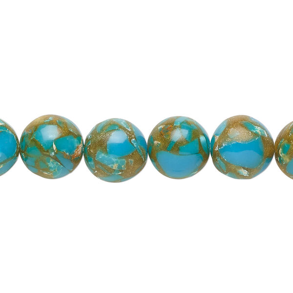 Bead, resin and multi-stone (dyed / assembled), turquoise blue / brown / white, 10mm round. Sold per 8-inch strand, approximately 20 beads. image number 0