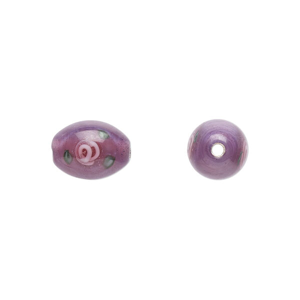 Bead, Czech lampworked glass, opaque purple / pink / green, 9x6mm-10x7mm olive with flower design. Sold per pkg of 4. image number 0
