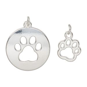 Charm, silver-finished "pewter" (zinc-based alloy) and steel, 22.5mm round with paw cutout design and 13x11.5mm single-sided paw. Sold per pkg of (2) 2-piece sets.