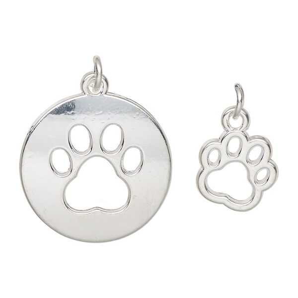 Charm, silver-finished "pewter" (zinc-based alloy) and steel, 22.5mm round with paw cutout design and 13x11.5mm single-sided paw. Sold per pkg of (2) 2-piece sets. image number 0