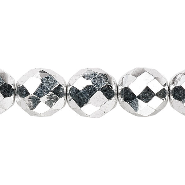Bead, Czech fire-polished glass, pkg/15-1/2 to 16 inches, 12mm faceted round, opaque metallic silver, (00030-27000). image number 0