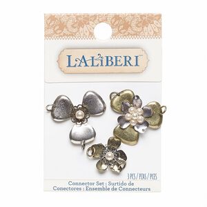 Link, Laliberi™, acrylic with antiqued gold- and silver-finished steel, pink, 21x20mm and 31x28mm flower. Sold per pkg of 3.