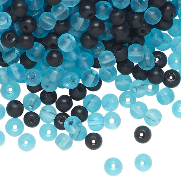 Bead mix 1pkg4oz, glass, translucent aqua blue and opaque black, 4mm round. image number 0