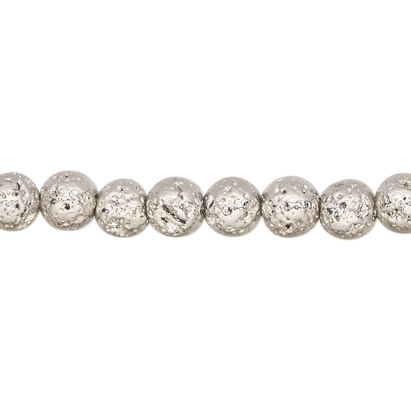 Bead, electro-coated lava rock (coated), rhodium, 6-7mm round. Sold per 15-1/2" to 16" strand. image number 0