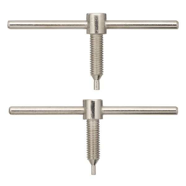 Replacement T-pin for hole punch, nickel-plated steel, (1) 2-3/8x1-1/8x1/4 inch T-shaped 1.5mm pin and (1) 2-3/8x1-1/8x1/4 inch T-shaped 2mm pin. Sold per pkg of 2. image number 0