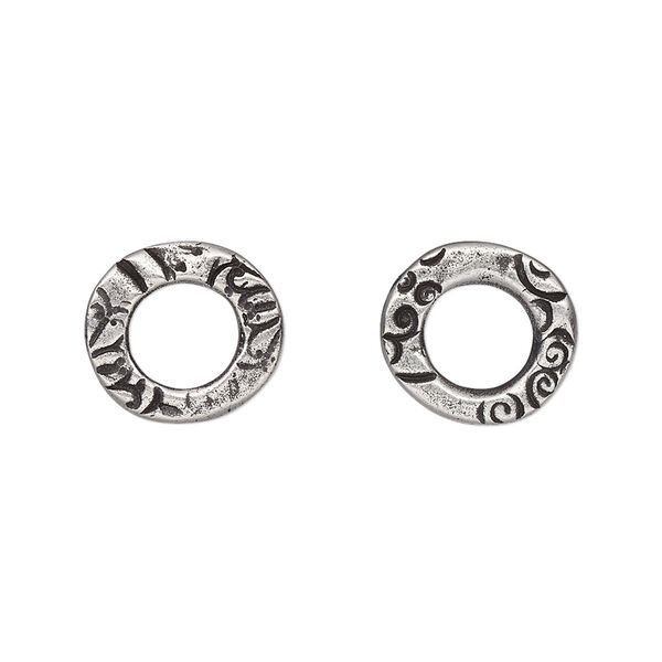 Component, TierraCast®, "Vida Mas Dulce" collection, antiqued pewter (tin-based alloy), 13x12mm uneven open round with flora design, 7mm inside diameter. Sold per pkg of 20. image number 0
