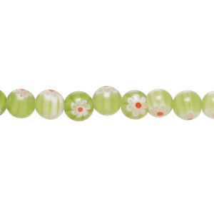 Bead, millefiori glass 1pkg1, translucent light green / white / red, 6mm round, 15 inches.