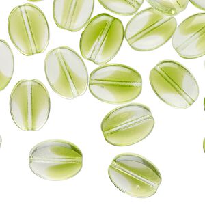 Bead, pressed glass, transparent clear and green, 12x9mm puffed oval. Sold per pkg of 50.