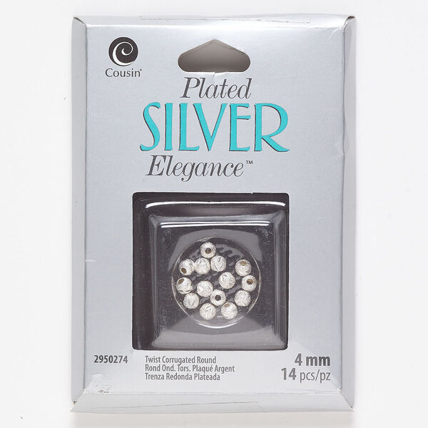 Bead, lacquer and silver-plated brass, 4mm twisted corrugated round. Sold per pkg of 14. image number 0