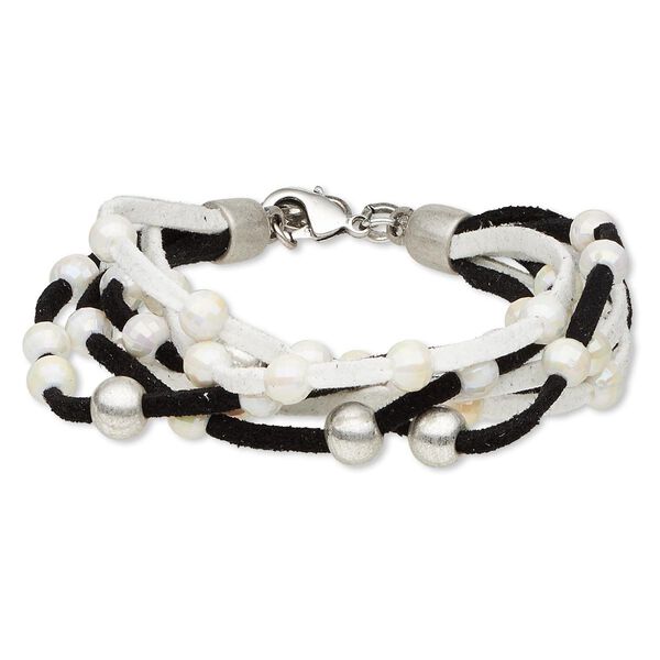 Bracelet, 7-strand, suede leather (dyed) / acrylic / silver-finished "pewter" (zinc-based alloy) and steel, black and white, 26mm wide with round, 7-1/2 inches with lobster claw clasp and 1-inch extender chain. Sold individually. image number 0