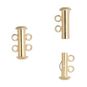Clasp, 2-strand slide lock, gold-plated brass, 16x6mm tube. Sold per pkg of 10.