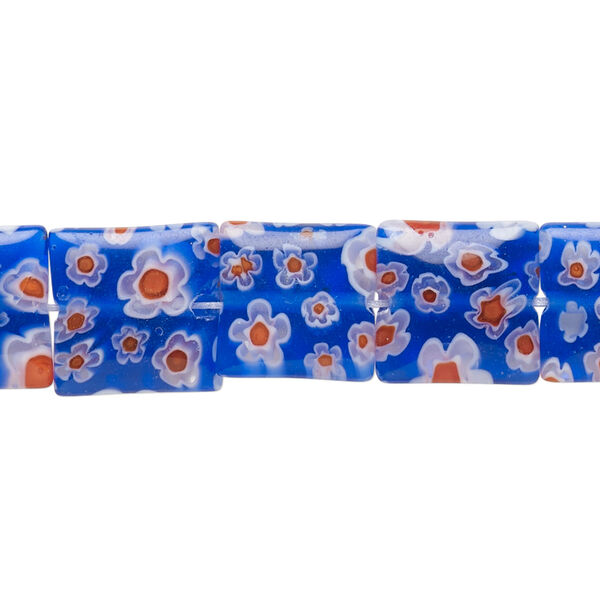Bead, millefiori glass, translucent cobalt blue/ red / white, 11mm-13x12mm puffed square with flower design. Sold per 14-inch strand. image number 0