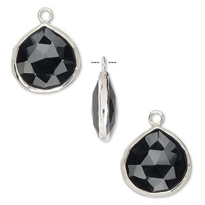 Drop, black onyx (dyed) and sterling silver, 15mm double-sided faceted teardrop. Sold per pkg of 2.