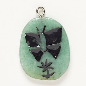 Focal steel green aventurine enamel 1pk 29x25mm-37x28mm puffed freeform butterfly, silver finish black natural