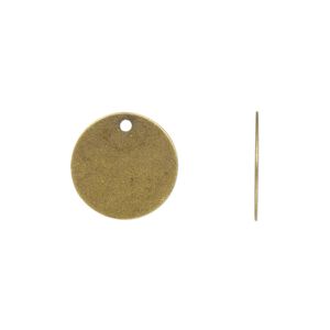 Drop, antique gold-plated brass, 15mm flat round. Sold per pkg of 50.