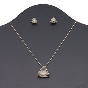 Necklace and earring set, glass / copper-plated brass / steel / "pewter" (zinc-based alloy), grey, 22x22x22mm triangle, 16 inches with 3-inch extender chain and lobster claw clasp, 12x12x12mm triangle with post. Sold per set.
