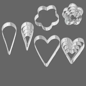Shape cutters, steel, (5) 18x18mm-44x37mm graduated hearts / (5) 17x9mm-45x15mm graduated teardrops / (5) 11x10mm-30x29mm graduated flowers. Sold per 15-piece set.