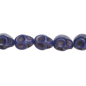 Bead, "howlite" (resin) (imitation), opaque dark blue, 10x9-11x10mm skull. Sold per 15-inch strand, approximately 40 beads.