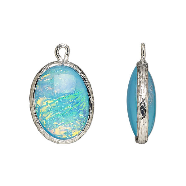 Drop, Opalized Ice™, "opal" (resin) and imitation rhodium-finished brass, opaque light blue, 20x15mm double-sided oval. Sold per pkg of 4. image number 0