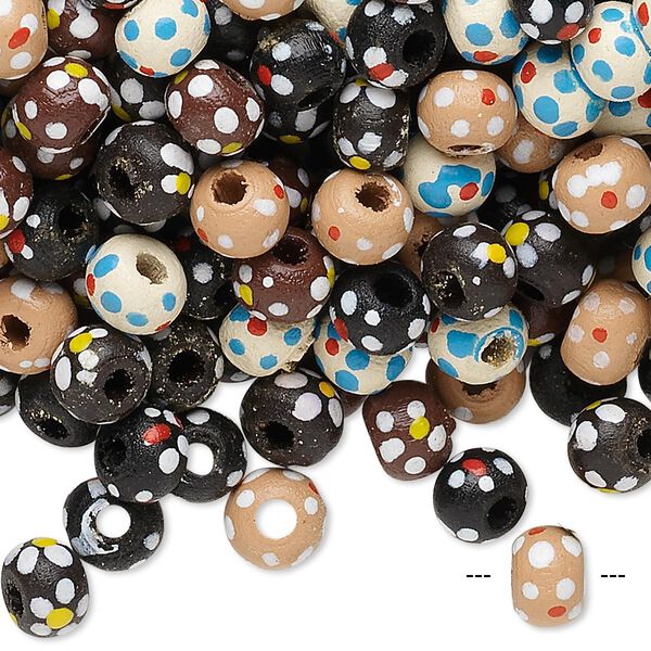 Bead mix, painted Korean boxwood, mixed colors, 5-6mm irregular round with flower design. Sold per 90-gram pkg, approximately 1,100 beads. image number 0