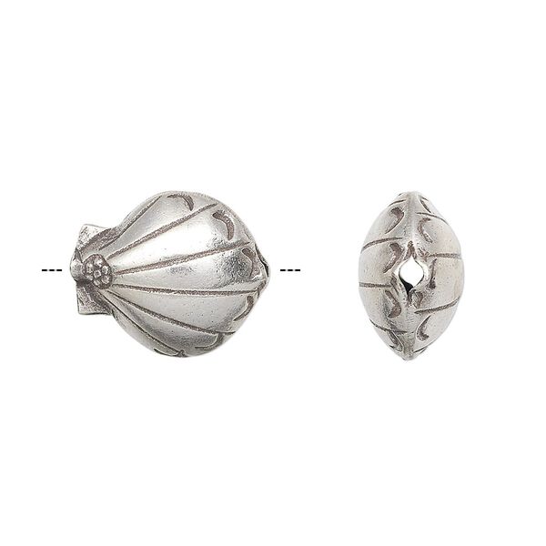 Bead, Hill Tribes, antiqued sterling silver, 16x13mm double-sided puffed shell. Sold individually. image number 0