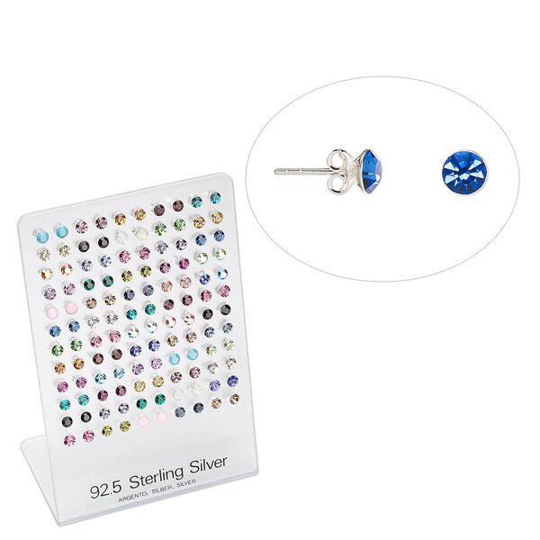 Earstud, crystal and sterling silver, multiple colors, 5mm round, 6x4x2-1/2 inch display. Sold per pkg of 60 pairs. image number 0