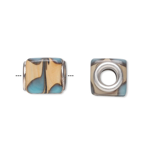 Bead, Dione®, lampworked glass with silver-plated steel grommets, multicolored, 13x11mm cube with swirls. Sold per pkg of 6. image number 0