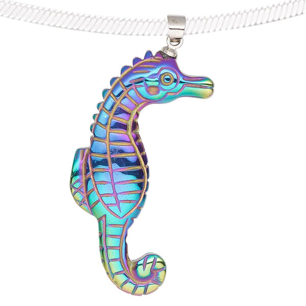 Pendant, electroplated Hemalyke™ (man-made) and silver-finished brass, rainbow, 40x20mm single-sided seahorse. Sold individually. image number 0