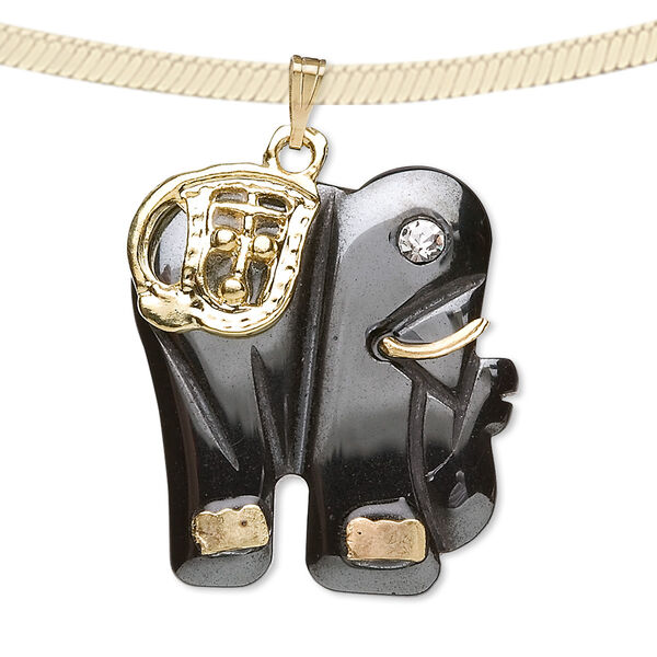 Pendant, Hemalyke™ (man-made) / glass rhinestone / gold- and/or silver-finished brass bail, 26x24mm elephant. Sold individually. image number 0