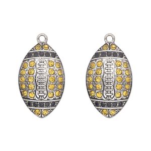 Focal, antique silver-finished "pewter" (zinc-based alloy) and glass, black and yellow, 30x19mm single-sided football. Sold per pkg of 2.