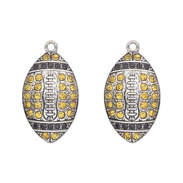 Focal, antique silver-finished "pewter" (zinc-based alloy) and glass, black and yellow, 30x19mm single-sided football. Sold per pkg of 2. image number 0