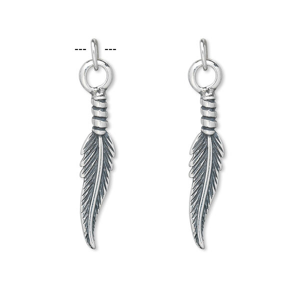 Charm, antiqued sterling silver, 23x5mm double-sided feather. Sold per pkg of 2. image number 0