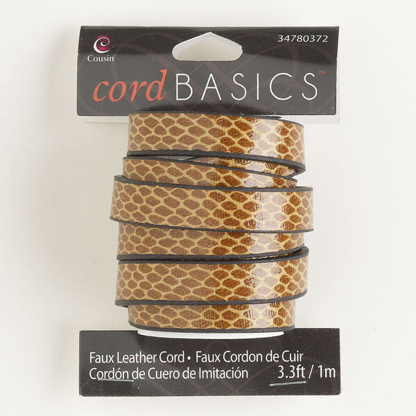 Cord, faux leather, black / brown / tan, 11mm flat with snakeskin pattern. Sold per 1-meter section. image number 0