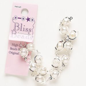 Chain, acrylic "pearl" and silver-finished steel, white, 10mm wire-wrapped round. Sold per pkg of 10 inches.