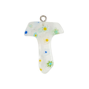 Component 1pkg1, silver-finished steel / millefiori glass, transparent / translucent clear / multicolored, 25x19mm-28x20mm letter "T".