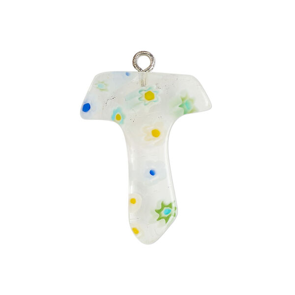 Component 1pkg1, silver-finished steel / millefiori glass, transparent / translucent clear / multicolored, 25x19mm-28x20mm letter "T". image number 0