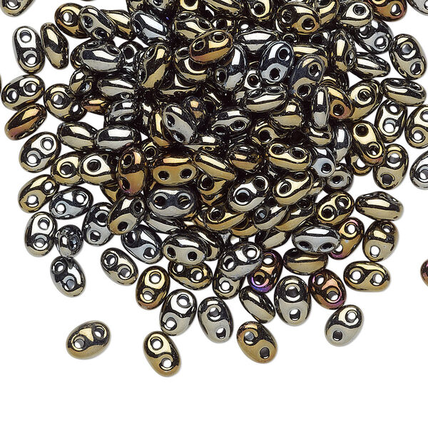 Seed bead, Preciosa Twin™ Czech glass, pkg/250g, 5x2.5mm oval, opaque gold iris black, (59115). image number 0