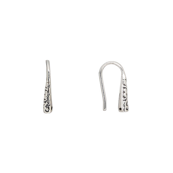 Ear wire, antiqued sterling silver, 13mm fishhook with textured design and hole, 20 gauge. Sold per pair. image number 0
