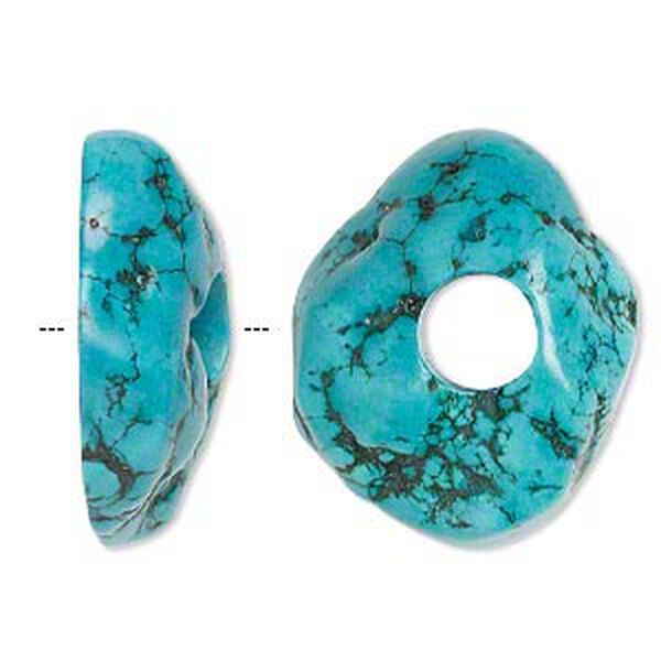 Focal, magnesite (dyed / stabilized), dark blue-green, 37x30mm freeform donut with 10mm hole, B grade, Mohs hardness 3-1/2 to 4. Sold individually. image number 0