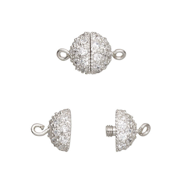 Clasp, twist-in, cubic zirconia and rhodium-plated sterling silver, clear, 10mm textured round. Sold individually. image number 0