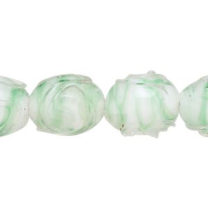 Bead, lampworked glass, translucent clear / white / green, 15x13mm-16x14mm oval. Sold per 8-inch strand, approximately 10 beads.