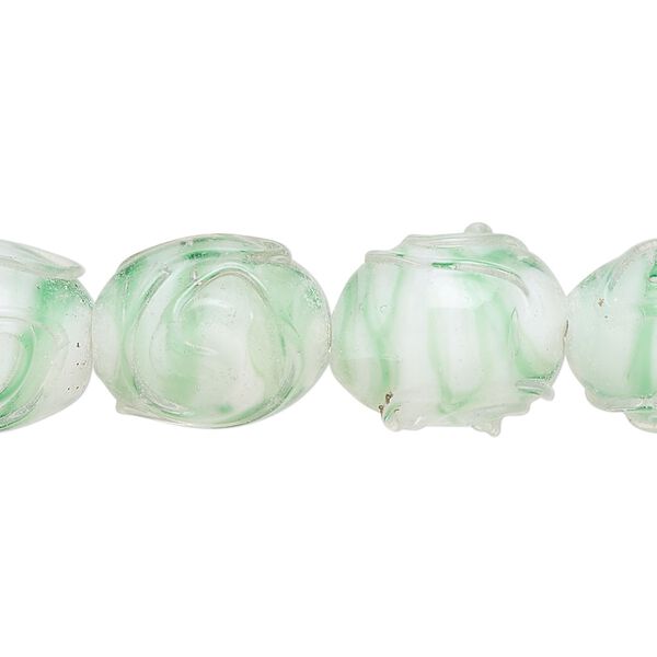 Bead, lampworked glass, translucent clear / white / green, 15x13mm-16x14mm oval. Sold per 8-inch strand, approximately 10 beads. image number 0