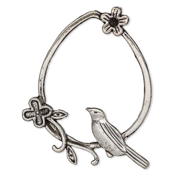Focal, antique silver-plated "pewter" (zinc-based alloy), 48x40mm single-sided open teardrop with cutout bird and flower design. Sold per pkg of 2. image number 0