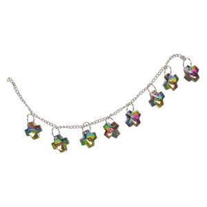 Component, steel and glass, pkg/8, 14mm faceted Swiss cross, silver finish and clear vitrail.