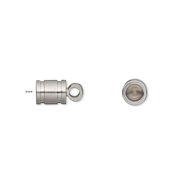 Cord end, glue-in, stainless steel, 7x6mm round tube with lines and 4mm inside diameter. Sold per pkg of 2. image number 0