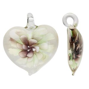 Focal, lampworked glass, lime and purple, 45x42mm single-sided heart with flower. Sold individually.
