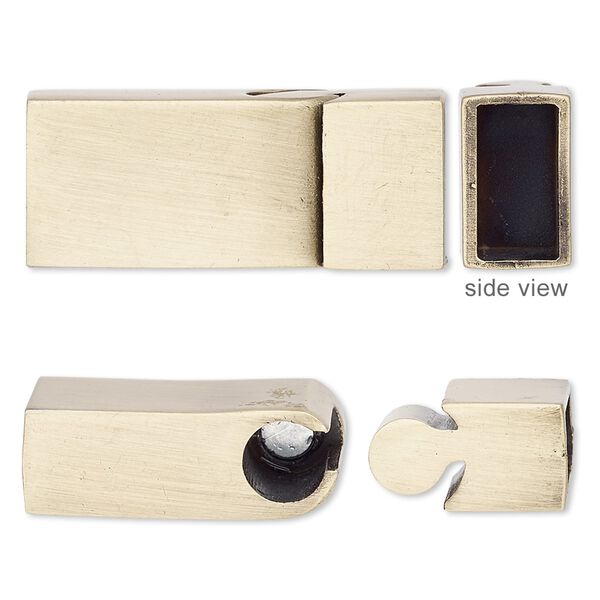 Clasp, magnetic slide lock, brass-plated "pewter" (zinc-based alloy), 30x13mm rectangle with glue-in ends, 11x5.5mm inside diameter. Sold individually. image number 0